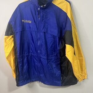 Vintage Columbia Jacket Mens X-Large Blue/Yellow Packable Hooded Windbreaker